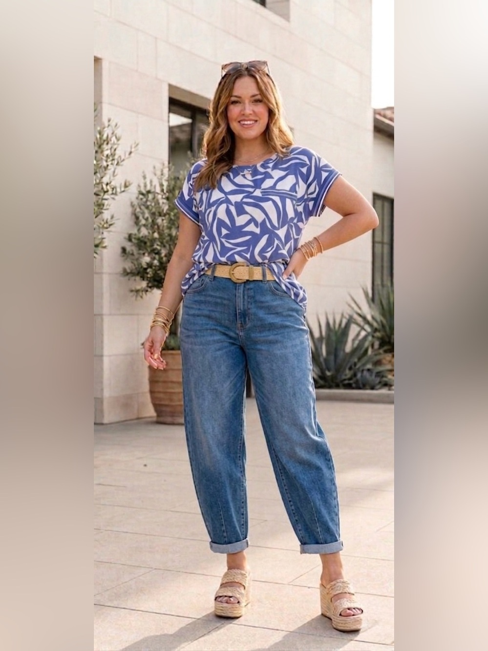 LOFT Satin Blue and White Leaf-Print Short Sleeve Top